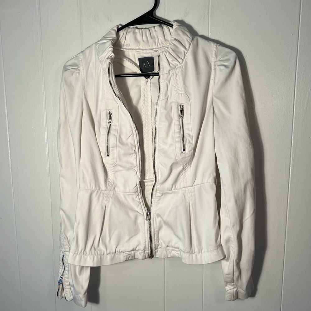 Armani exchange white cotton linen-look full zip moto jacket size XS